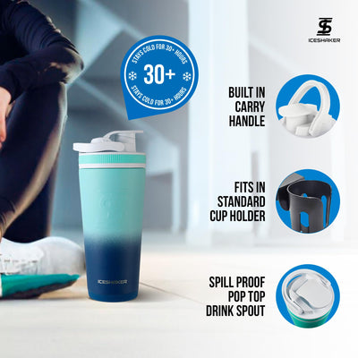 Ice Shaker Insulated Stainless Steel Shaker Bottle | 26oz, Navy/Mint | Cold for 30+ Hours | Insulated Cup with Twist-on Agitator | Odor-Free Bottle for Protein Shakes, Water, Smoothies, Cocktails