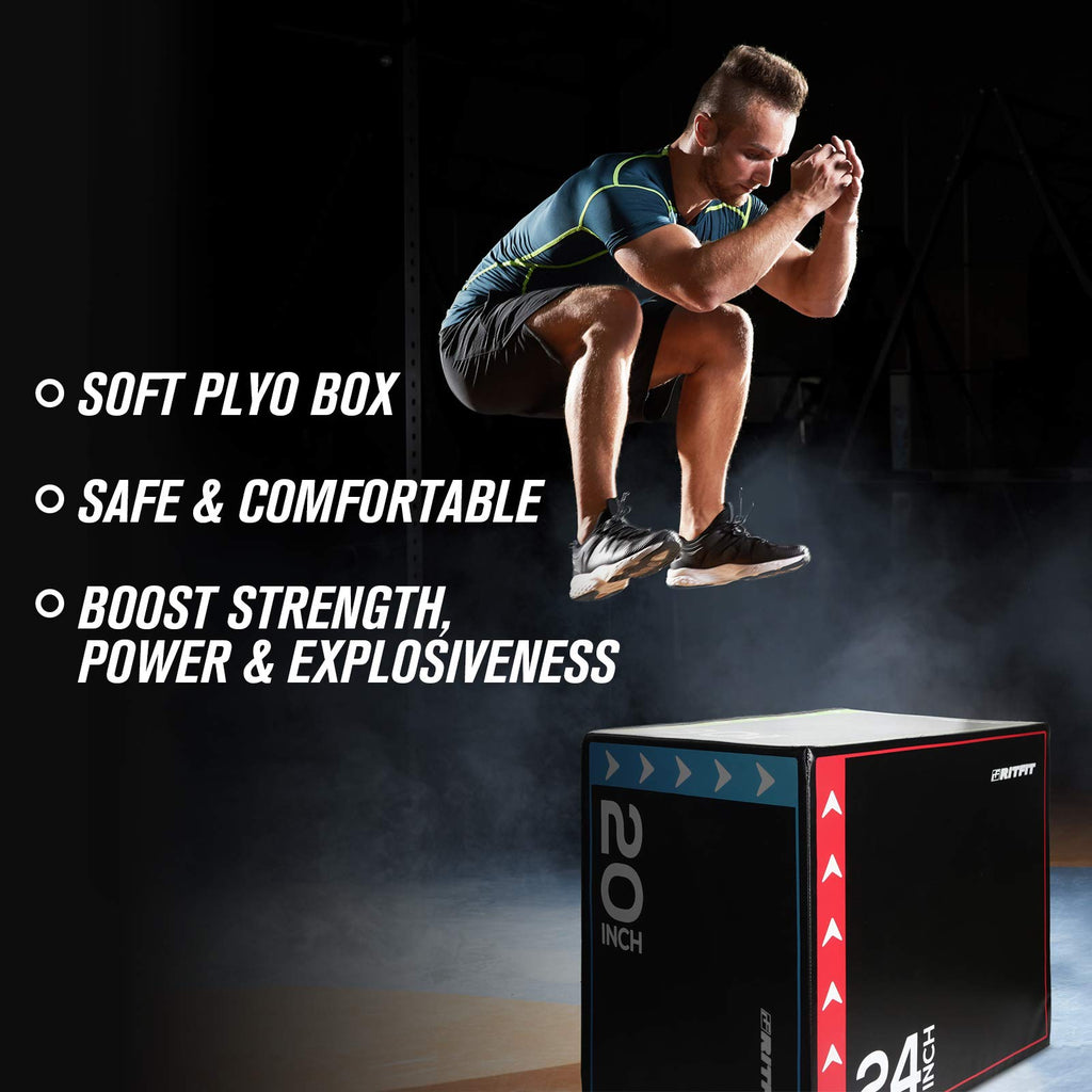 RitFit 3 in 1 Extra Firm Soft Plyo Box Foam Plyometric Box-30”x24”x20”-20"x18"x16" Heavy Duty High Density Foam Jumping Box 3 Sizes with PVC Cover,Platform for Home Gym Fitness, 440lb Weight Capacity