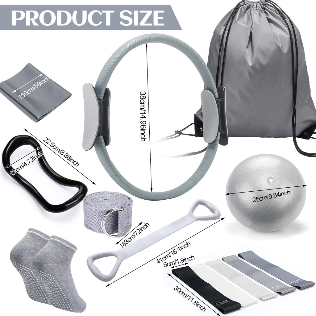 Pilates Ring Circle Set 18 Pcs Exercise Equipment Accessories for Women Workouts Pilates Ball Stretching Strap Magic Circle Yoga Ring Gym Back Bag Resistance Band Anti Slip Socks