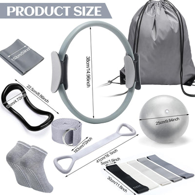Pilates Ring Circle Set 18 Pcs Exercise Equipment Accessories for Women Workouts Pilates Ball Stretching Strap Magic Circle Yoga Ring Gym Back Bag Resistance Band Anti Slip Socks