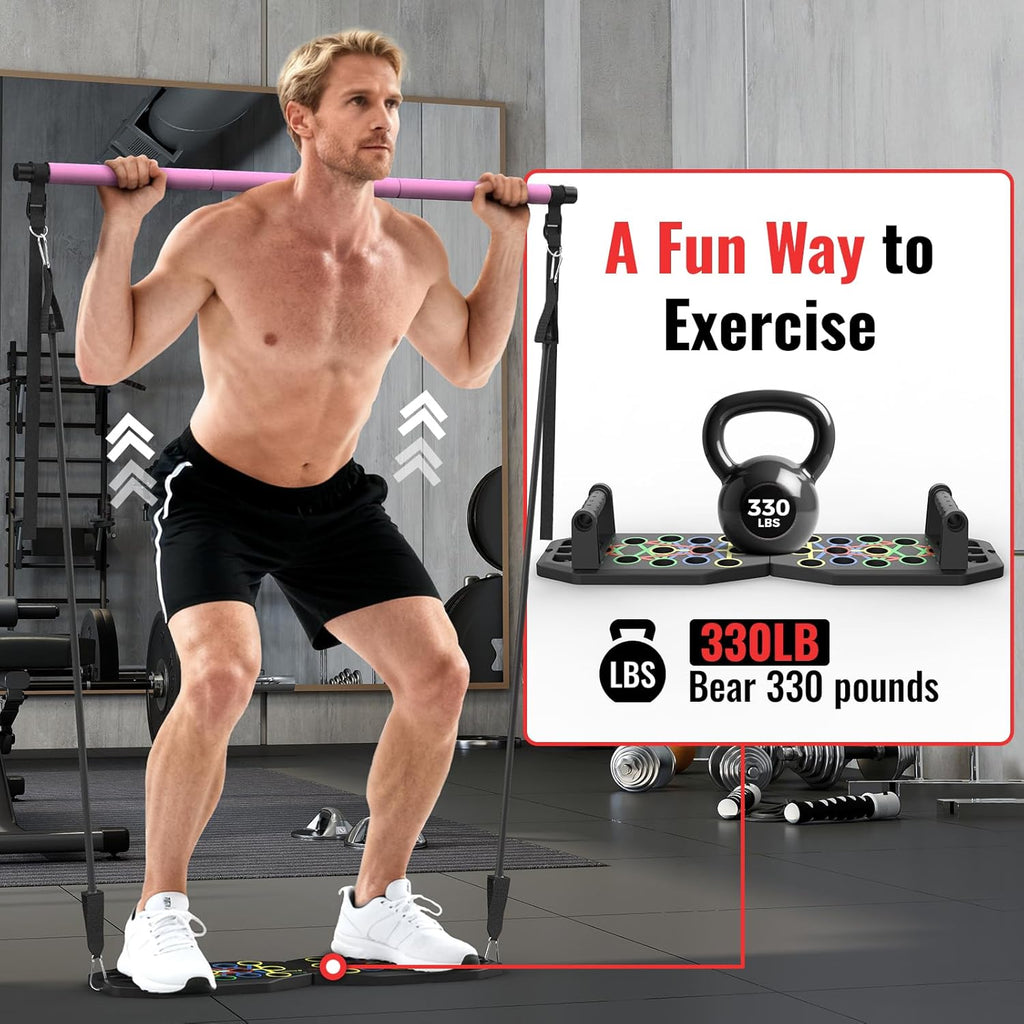 Push Up Board Bar Kit with Resistance Bands, Portable Pilates Bar for Fitness, Home Workout Gym System, Foldable Exercise Equipment for Full Body Training, Men & Women