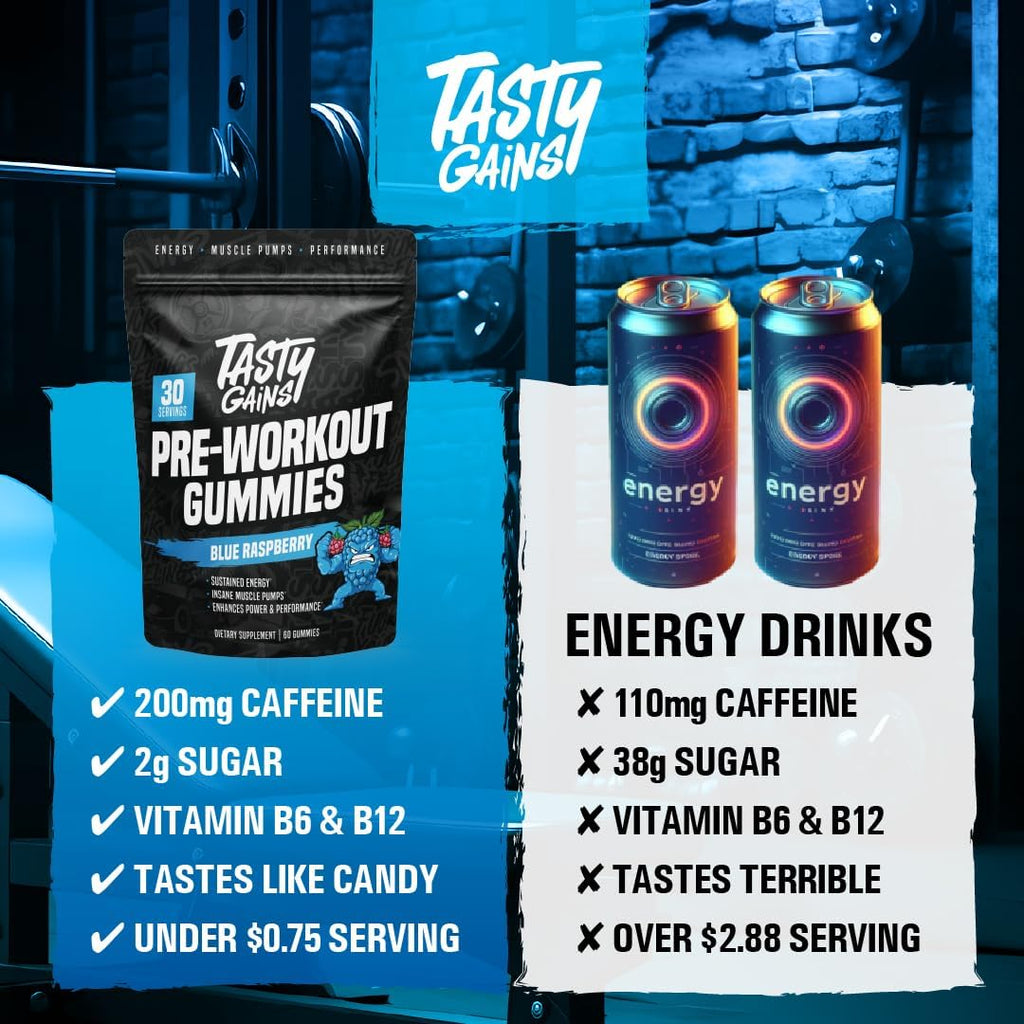 TASTY GAINS - Pre-Workout Gummies – Energy & Focus Boost, Caffeine Gummies for Men & Women, 200mg of Caffeine, Fat-Burning Preworkout for Strength & Endurance, Pineapple Mango Flavor, 60 Count