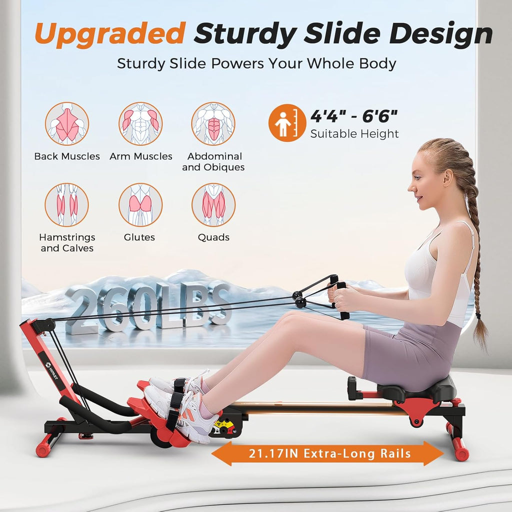 Rowing Machine, 4 in 1 Rowing and Ab Machine with 2 Levels of Workout Resistance, Quiet & Foldable Rower Machine with 3 Adjustable Handle Heights & LCD Monitor, Row Machine for Home Exercise