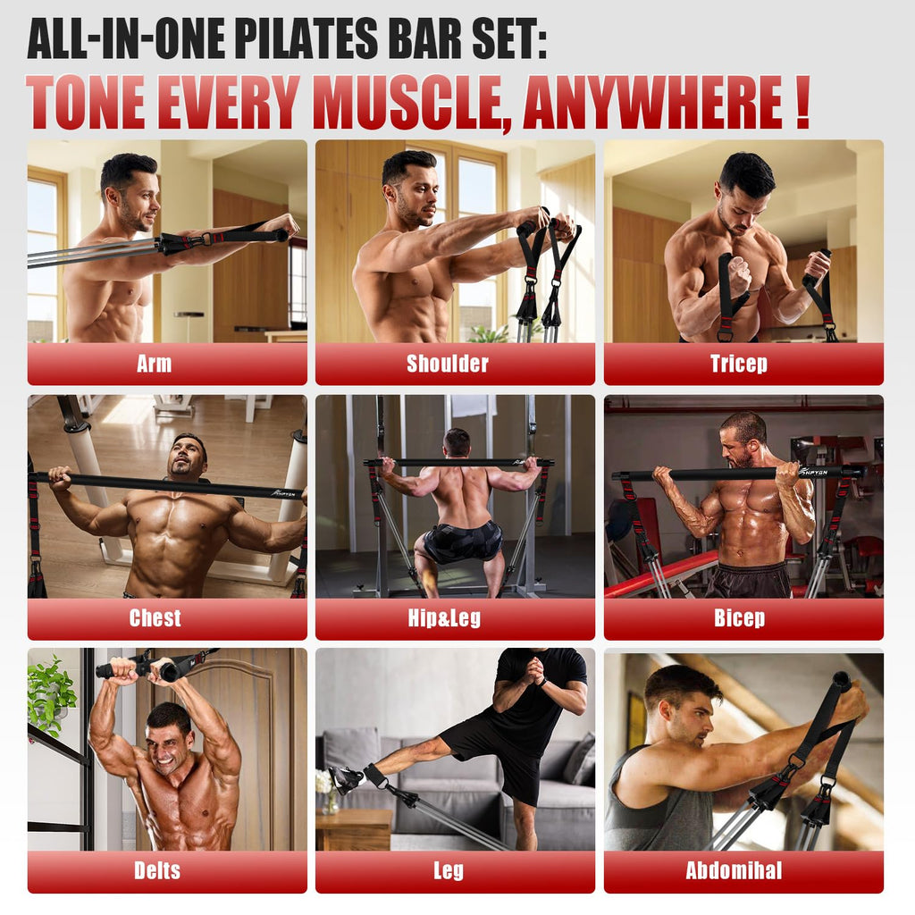 Pilates Bar Kit with Resistance Bands, Heavy Duty Multifunctional Pilates Workout Equipment for Strength Training, HIPS, Back, Arms, Abs, Shoulders, Portable Home Gym & Travel Fitness Gear for Men