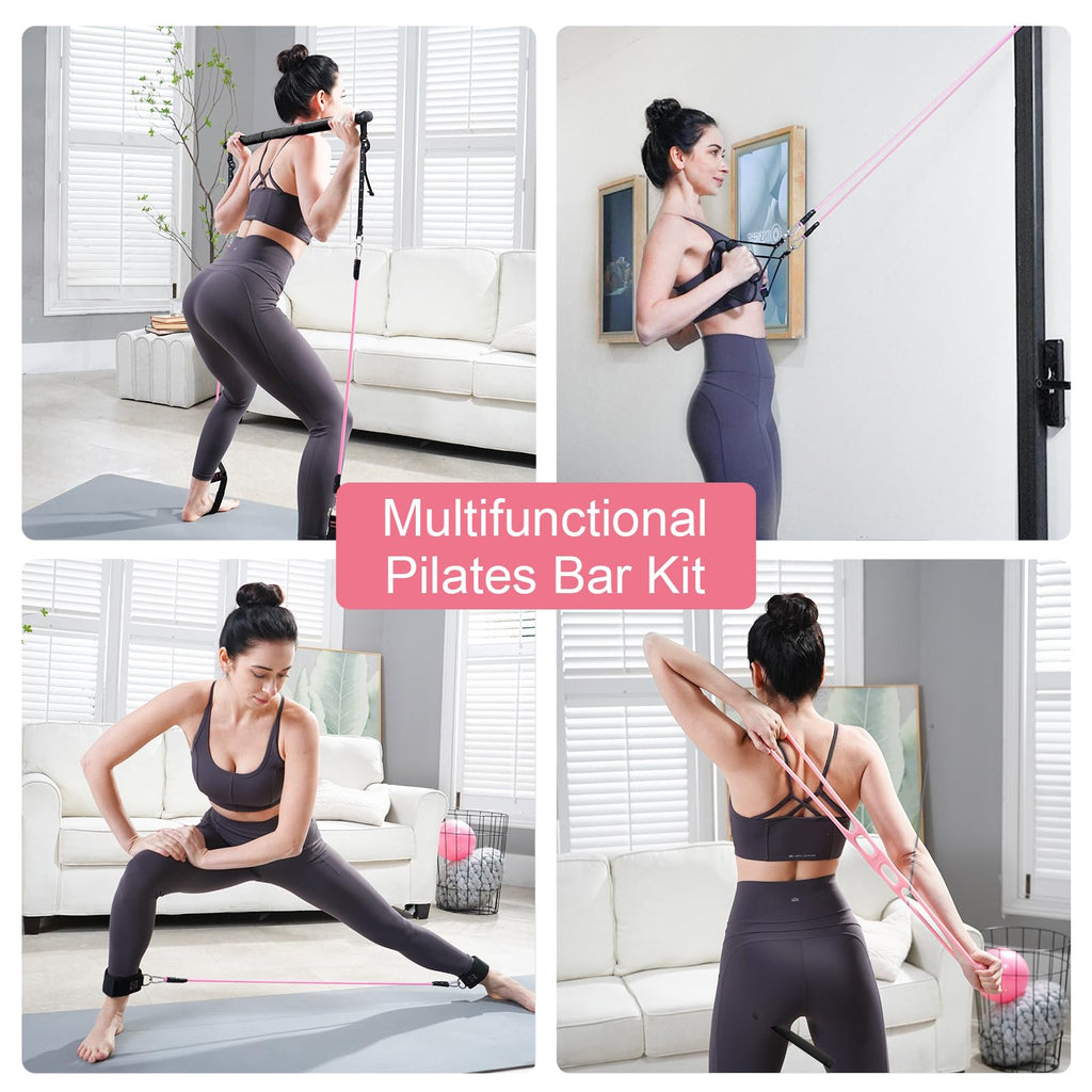 Pilates Bar Kit with Resistance Bands, Multifunctional Pilates Bar with 3 Set Exercise Resistance Bands, Portable Pilates Equipment for Women Home Gym Yoga Workouts