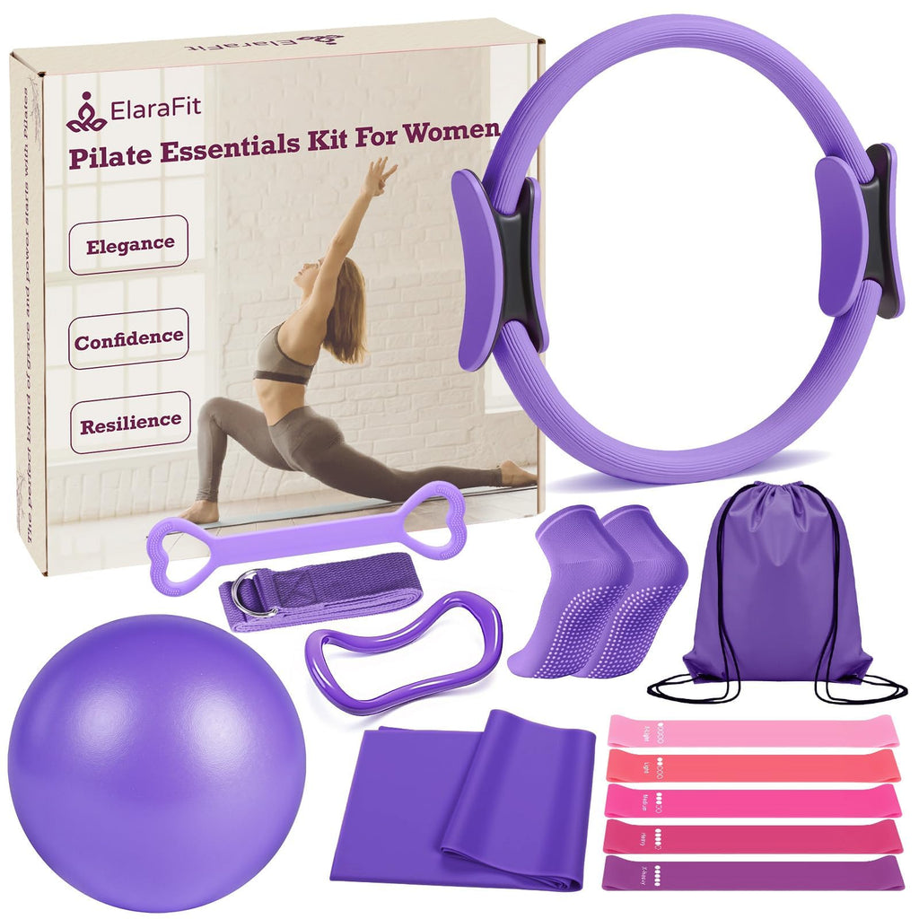 Home Pilates Kit for Women Pilates Equipment Ring and Ball Set Magic Circle Hoop with 5 Resistance Bands Compact Toning Fitness Essentials Starter Set Accessories