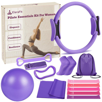 Home Pilates Kit for Women Pilates Equipment Ring and Ball Set Magic Circle Hoop with 5 Resistance Bands Compact Toning Fitness Essentials Starter Set Accessories