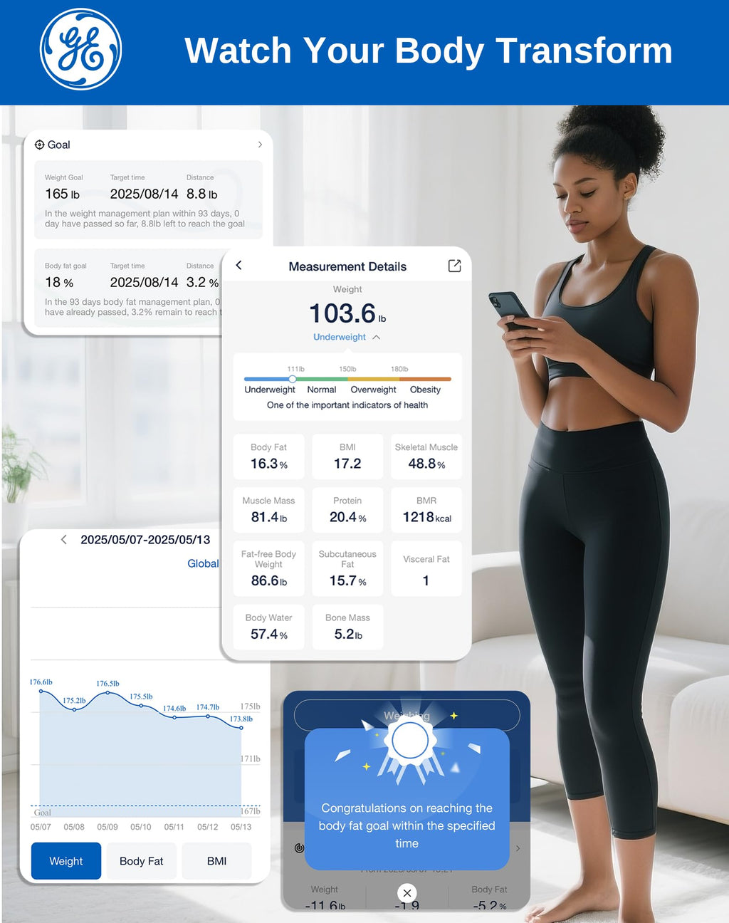 GE Smart Scale for Body Fat, BMI Muscle Mass Digital Bathroom Weight Scales Bluetooth Electronic Body Composition Monitor for People with App Large Display, Accurate 400lb Weighing