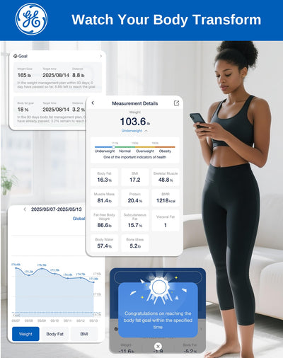 GE Smart Scale for Body Fat, BMI Muscle Mass Digital Bathroom Weight Scales Bluetooth Electronic Body Composition Monitor for People with App Large Display, Accurate 400lb Weighing