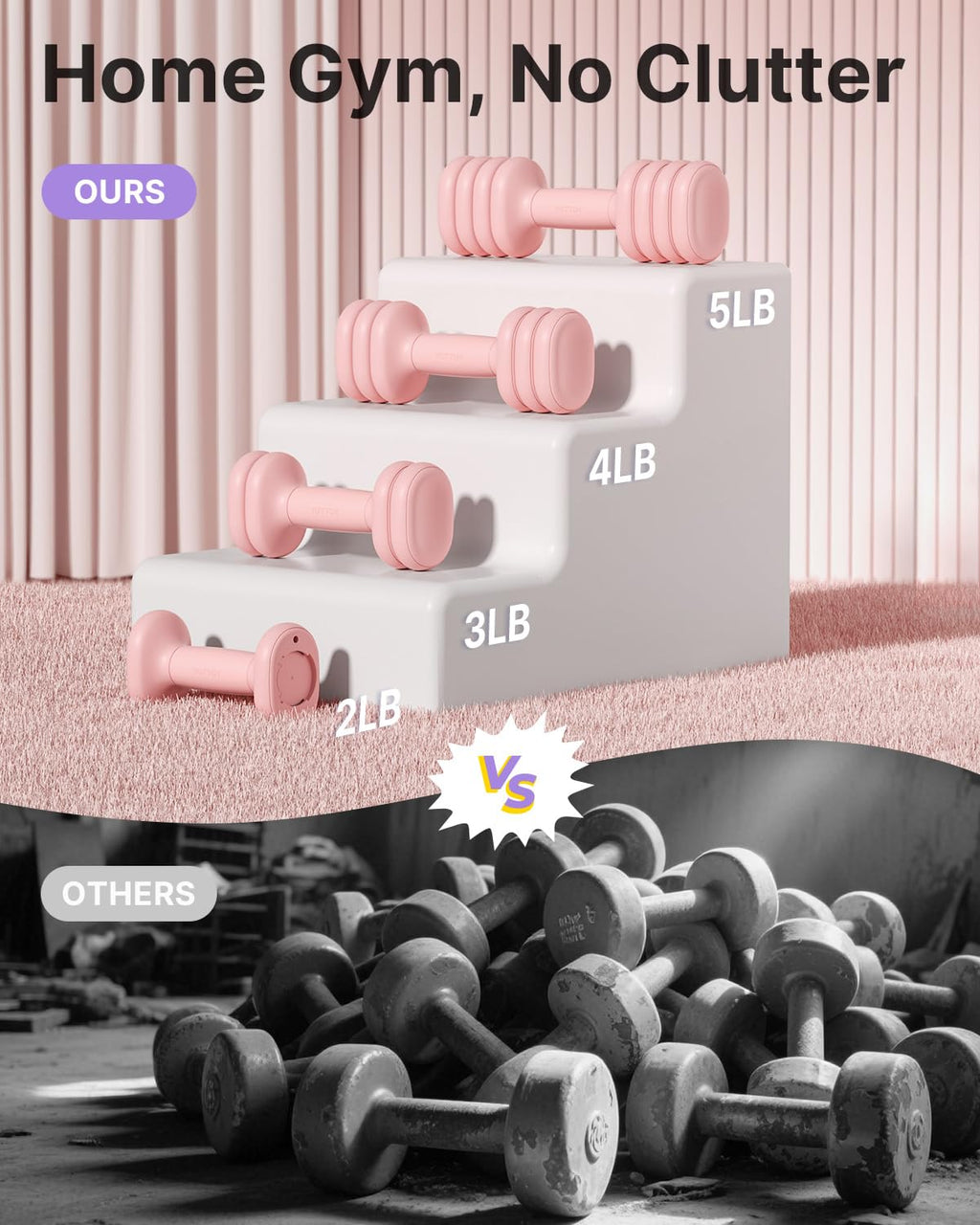 YOTTOY Adjustable Dumbbell Set of 2, 4-in-1 Hand Weights for Women at Home, Compact Free Weights Dumbbells Set with Soft Grip and Base, 2-5 lbs Each for Home Gym