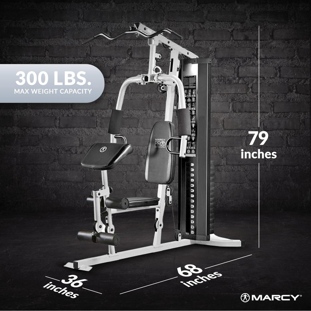 Marcy Home Gym Workout Station with Curl Pad, Lat Pulldown, Leg Developer & Weights, White