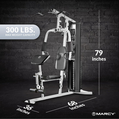 Marcy Home Gym Workout Station with Curl Pad, Lat Pulldown, Leg Developer & Weights, White