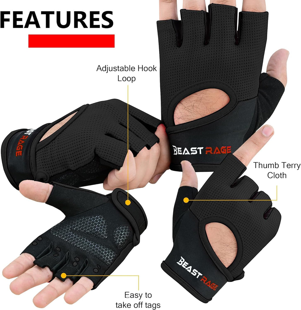 BEAST RAGE Workout Gloves for Men & Women - Fingerless Gym Gloves with Palm Protection, Breathable & Lightweight for Weightlifting, Cycling & Pull Up