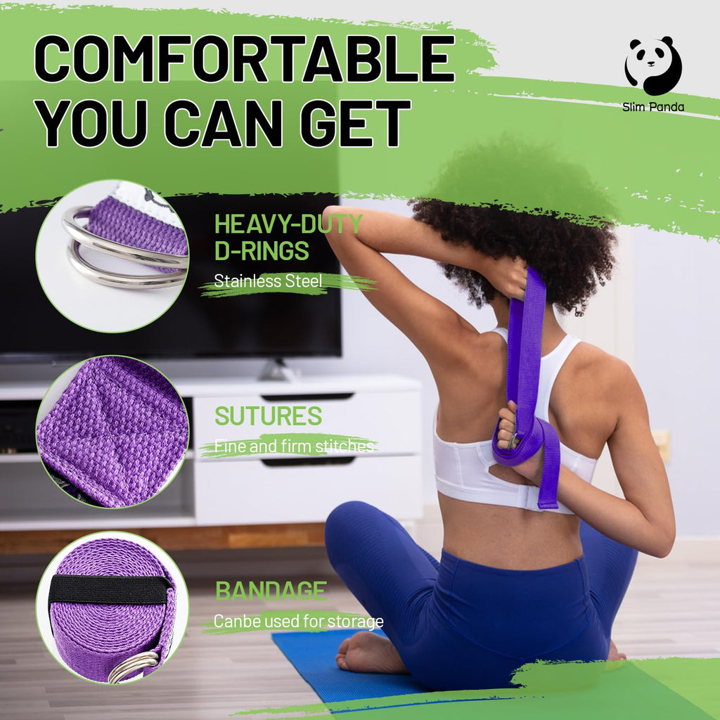 Slim Panda Yoga Strap for Stretching,Cotton Yoga Strap with Adjustable D-Ring Buckle,Non-Elastic Yoga Belt for Pilates,Gym Workouts,Physical Therapy,Improve Flexibility