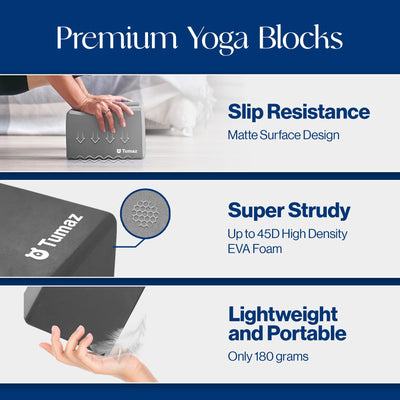 Tumaz Non-Slip Yoga Blocks 2-Pack - High Density/Lightweight EVA Foam & Natural Cork for Stability, Premium Set with E-Book Included