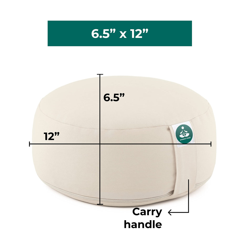 (Height 6.5") Round Zafu Yoga Bolster for Gymnastics & Meditation Made in the EU - Light Beige 100% Natural Cotton Yoga Meditation Buckwheat Meditation Cushion with Washable Covers