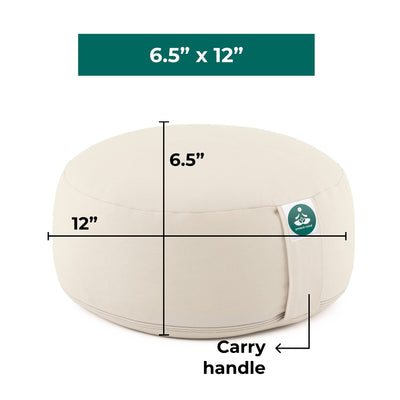 (Height 6.5") Round Zafu Yoga Bolster for Gymnastics & Meditation Made in the EU - Light Beige 100% Natural Cotton Yoga Meditation Buckwheat Meditation Cushion with Washable Covers