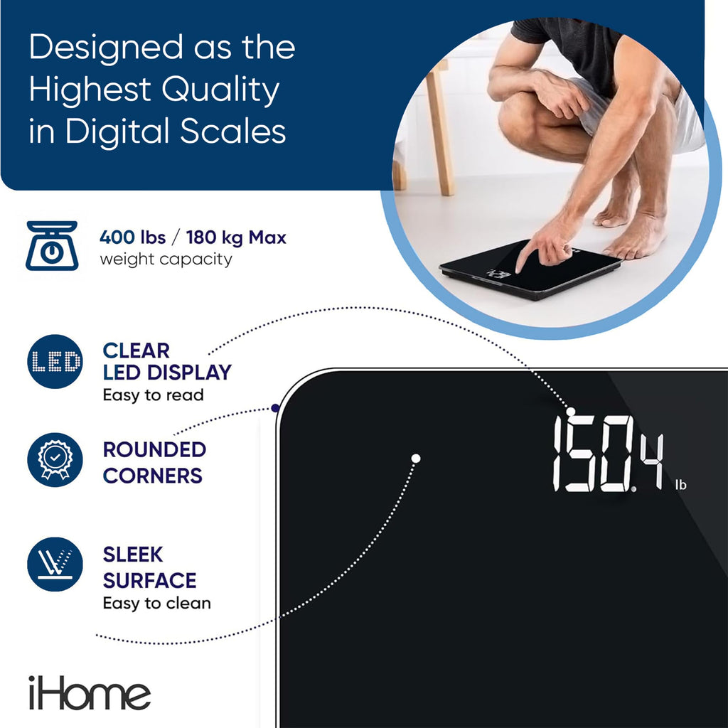 iHome Digital Bluetooth Smart Scale for Body Weight, Weight Scale, Including BMI, Body Fat, Muscle Mass, Batteries Included (Black Smart Bluetooth)