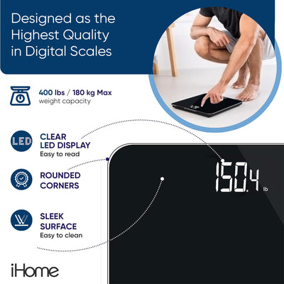 iHome Digital Bluetooth Smart Scale for Body Weight, Weight Scale, Including BMI, Body Fat, Muscle Mass, Batteries Included (Black Smart Bluetooth)