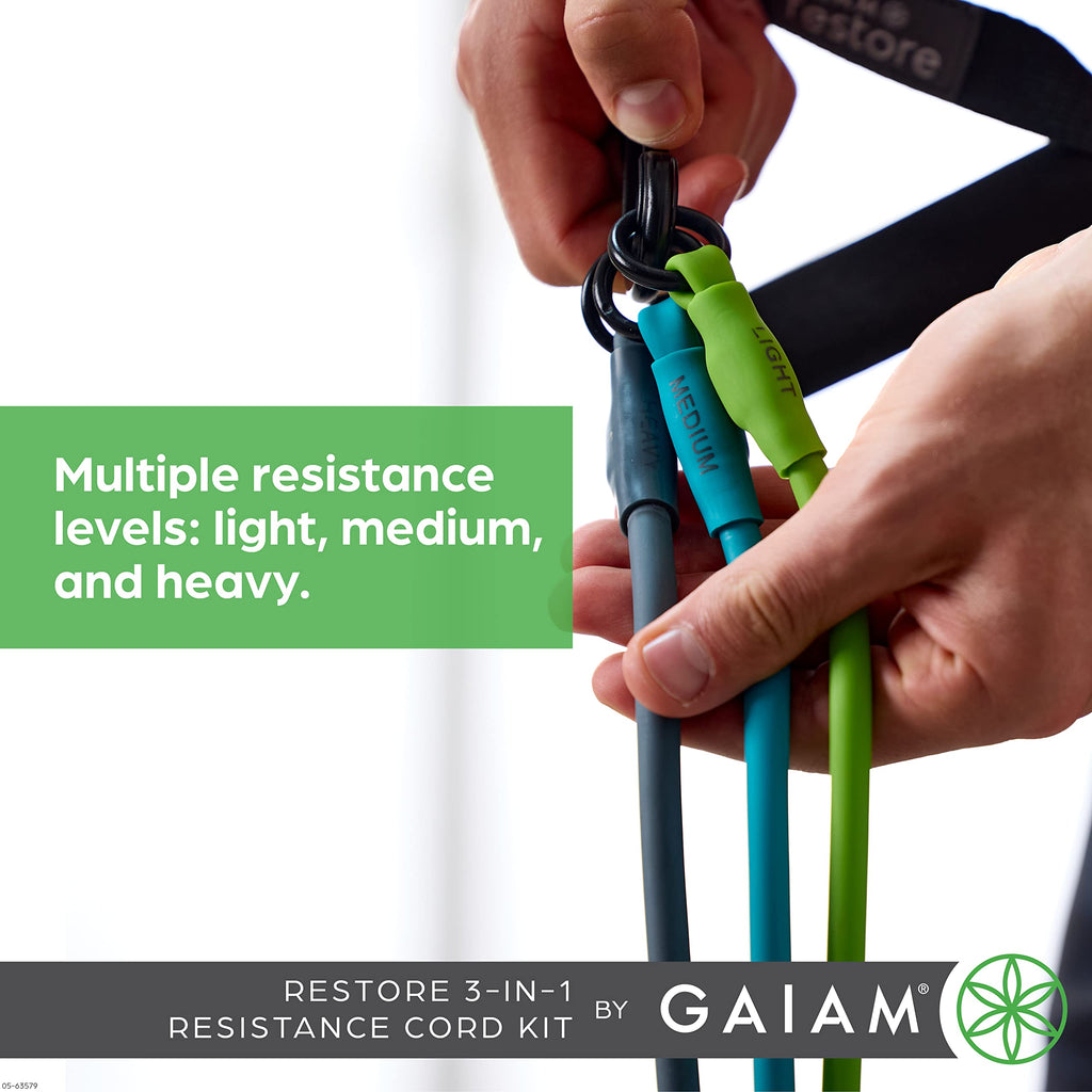 Gaiam 3-in-1 Resistance Band Kit with Comfort-Grip Handles and Interchangeable Strength Bands for High Intensity Training