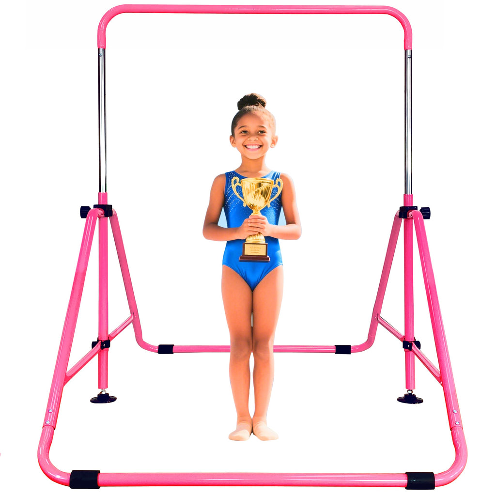 MARFULA Foldable Gymnastic Bar for Kids Ages 3-9, 9 Height Levels, 200 lbs Weight Capacity, 5 Ft Length Gymnastic Kip Bar with Mat, Gymnastic Equipment for Home and Gym Center Indoor Outdoor Use