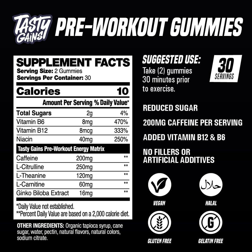 TASTY GAINS - Pre-Workout Gummies – Energy & Focus Boost, Caffeine Gummies for Men & Women, 200mg of Caffeine, Fat-Burning Preworkout for Strength & Endurance, Pineapple Mango Flavor, 60 Count