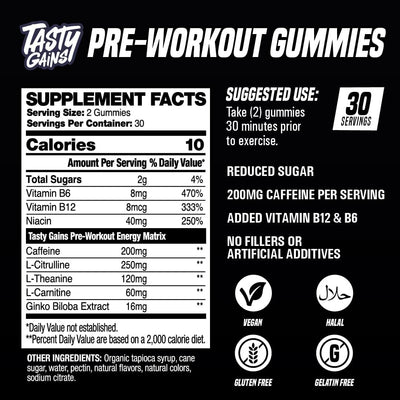 TASTY GAINS - Pre-Workout Gummies – Energy & Focus Boost, Caffeine Gummies for Men & Women, 200mg of Caffeine, Fat-Burning Preworkout for Strength & Endurance, Pineapple Mango Flavor, 60 Count
