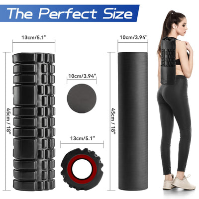 Foam Roller High Density Foam Roller Set for Deep Tissue Muscle Massage, 18" Trigger Point Fitness Exercise Massage Roller, Self-Myofascial Release for Whole Body (Black-18(2 in 1))