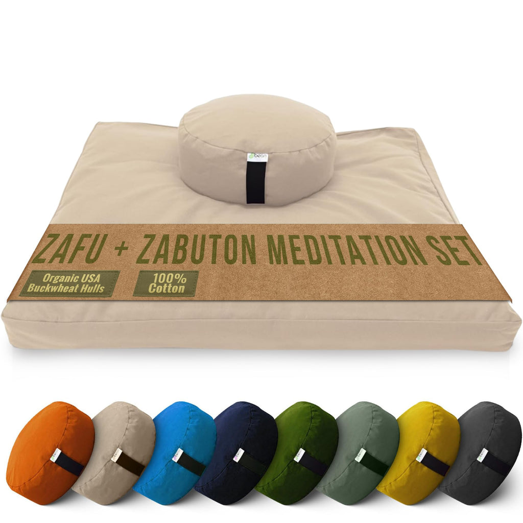 Bean Products Meditation Cushion Mat Set - Zafu Floor Pillow Organic Buckwheat Pillow + Cotton Filled Zabuton Prayer Pad - Meditation Pillow Yoga Knee Pad - Made in USA - 14" Round or 18" Oval