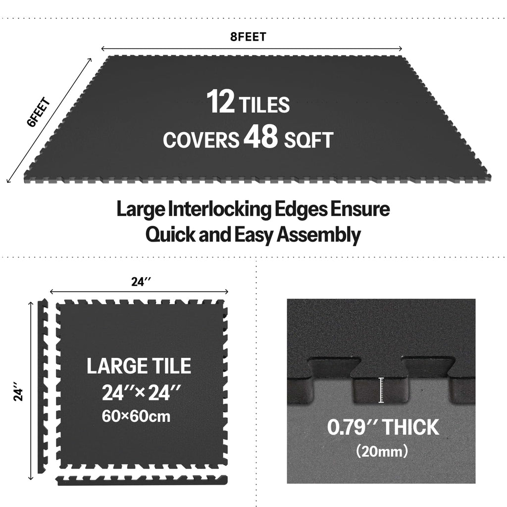 AIRHOP 0.79in Thick 24 Sq Ft Exercise Equipment Mats, 6 Tiles Upgraded Rubber Top with High Density EVA Foam, Large Interlocking Puzzle Gym Flooring for Home Gym, Heavy Weight Workout,Black & White