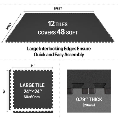 AIRHOP 0.79in Thick 24 Sq Ft Exercise Equipment Mats, 6 Tiles Upgraded Rubber Top with High Density EVA Foam, Large Interlocking Puzzle Gym Flooring for Home Gym, Heavy Weight Workout,Black & White