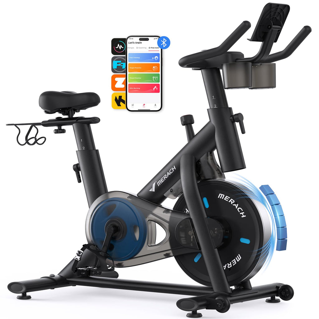 MERACH Exercise Bike, Brake Pad Stationary Bike with Exclusive App, Low Noise Indoor Cycling Bike with 300lbs Weight Capacity, Tablet Mount and Fitness Courses for Weight Loss