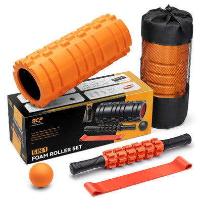 5 in1 Foam Roller Set, Trigger Point Foam Roller, Massage Roller Stick, Massage Ball, Resistance Band for Deep Muscle Massage Pilates Yoga,Fitness Exercise for Whole Body (Black-Red)