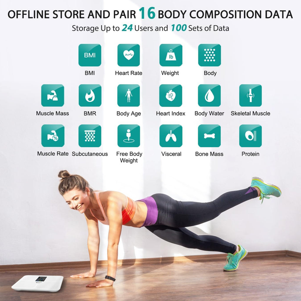 ABLEGRID Body Fat Scale,Digital Smart Bathroom Scale for Body Weight, Large Color Display Screen, 16 Body Composition Metrics BMI, Water Weigh, Heart Rate, Baby Mode, 400lb, Rechargeable