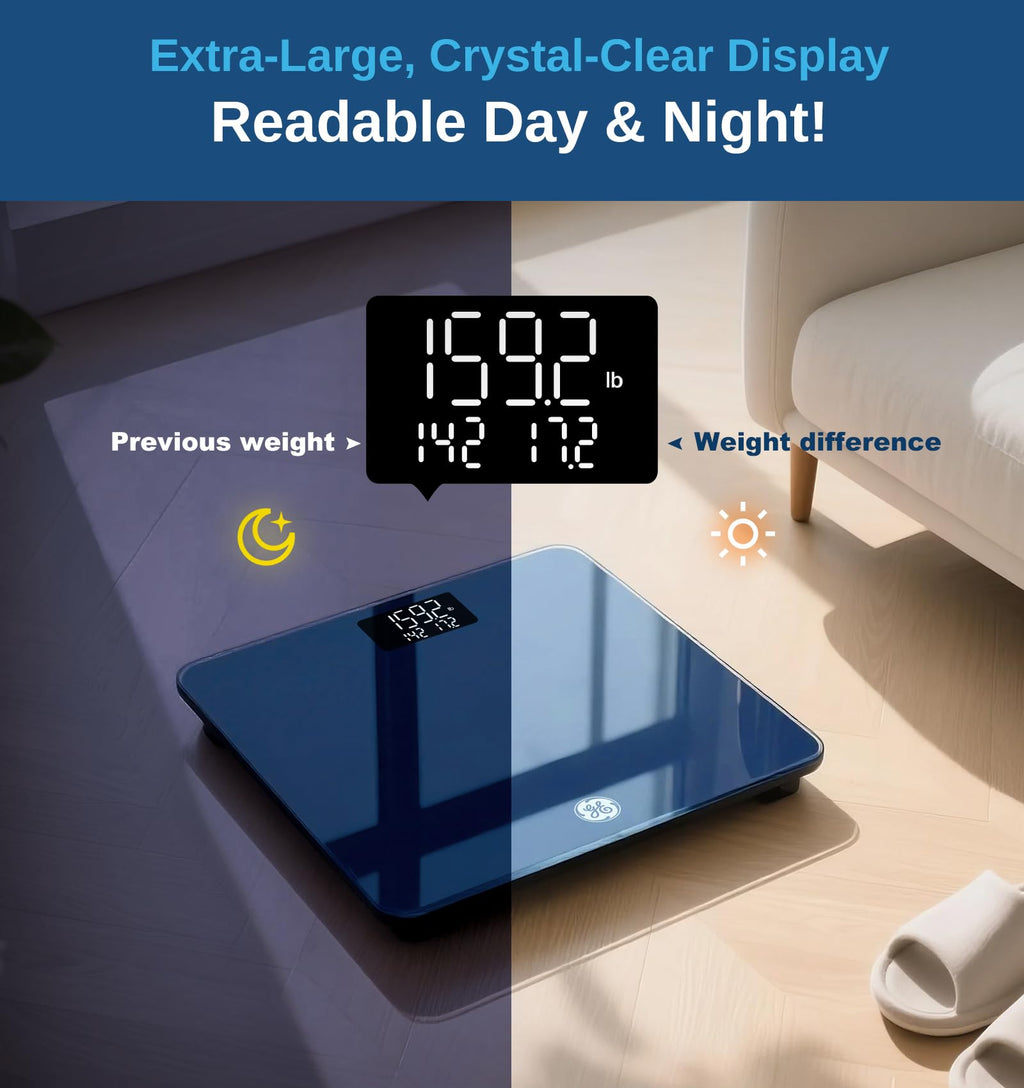 GE Smart Scale for Body Fat, BMI Muscle Mass Digital Bathroom Weight Scales Bluetooth Electronic Body Composition Monitor for People with App Large Display, Accurate 400lb Weighing