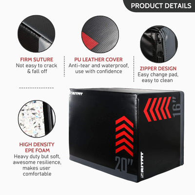 RitFit 3 in 1 Extra Firm Soft Plyo Box Foam Plyometric Box-30”x24”x20”-20"x18"x16" Heavy Duty High Density Foam Jumping Box 3 Sizes with PVC Cover,Platform for Home Gym Fitness, 440lb Weight Capacity