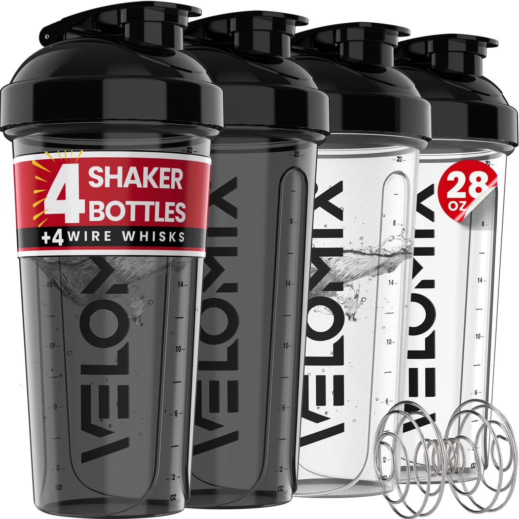 VELOMIX -4 PACK- 28 oz Protein Shaker Bottle for Protein Mixes - 4x Wire Whisk | Leak Proof Shaker Cups for Protein Shakes | Protein Shaker Bottle Pack | Protein Shake Cup (Brown)