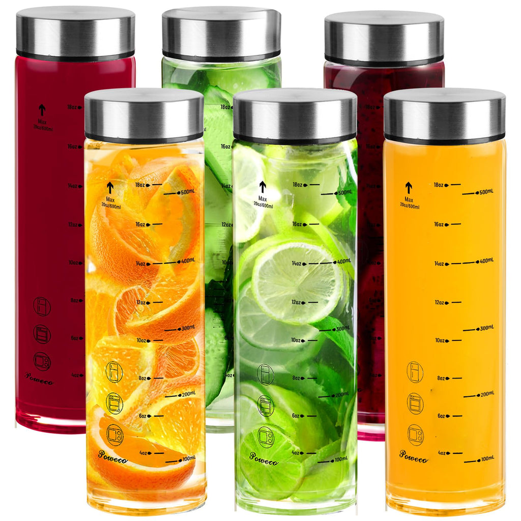 Glass Juice Bottles 4 Pack 20 oz - Wide Mouth Glass Water Bottles with Lids - for Juicing, Protein, Smoothie, Milk, Reusable, BPA Free, Stainless Steel Lids, Blender, Shaker Bottle (20oz/600ml)