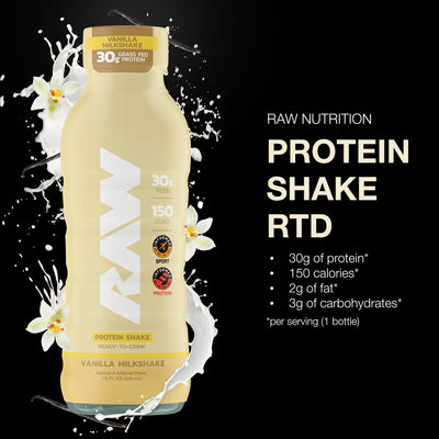 RAW Ready-to-Drink Protein Shake, Vanilla - RTD Protein Drinks with Grass-Fed Whey Protein Isolate for Post-Workout - Zero-Sugar & Gluten-Free Meal Replacement Drink & Breakfast Shake, 12 Fl Oz