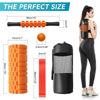 5 in1 Foam Roller Set for Deep Tissue Muscle Massage, High Density Fitness Exercise Foam Roller, Massage Roller, Massage Ball, Resistance Band, for Whole Body (Black)