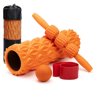 5 in1 Foam Roller Set, Trigger Point Foam Roller, Massage Roller Stick, Massage Ball, Resistance Band for Deep Muscle Massage Pilates Yoga,Fitness Exercise for Whole Body (Black-Red)