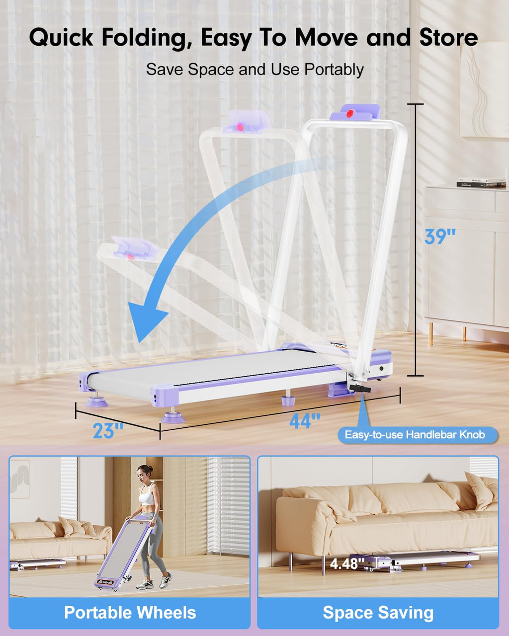 Foldable Treadmill with 9% Incline, Upgrade 3.5HP Low Noise Walking Pad Treadmill with Handle Bar, Trisomy 4 in 1 Portable Under Desk Treadmills for Home/Office, 350Lbs Capacity, APP & Remote Control