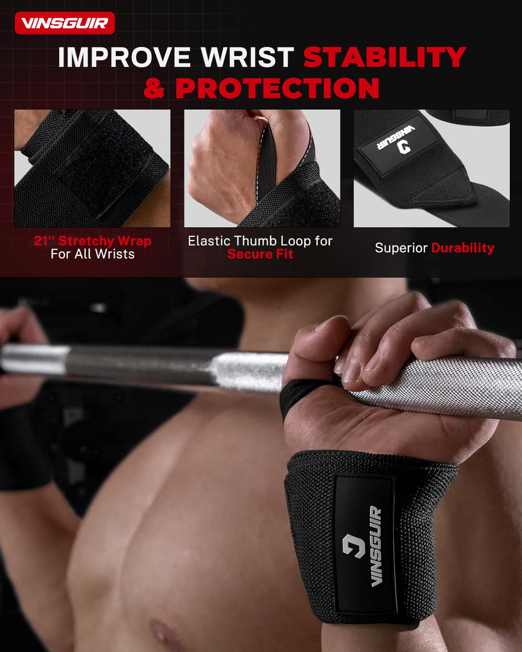 VINSGUIR 21'' Elastic Wrist Wraps for Weightlifting and Working Out(USPA Approved), Breathable Gym Wrist Sraps for Weightlifting with Thumb Loop and Left/Right Tabs, Wrist Brace for Wrist Support and Protection, Men and Women (Pair)