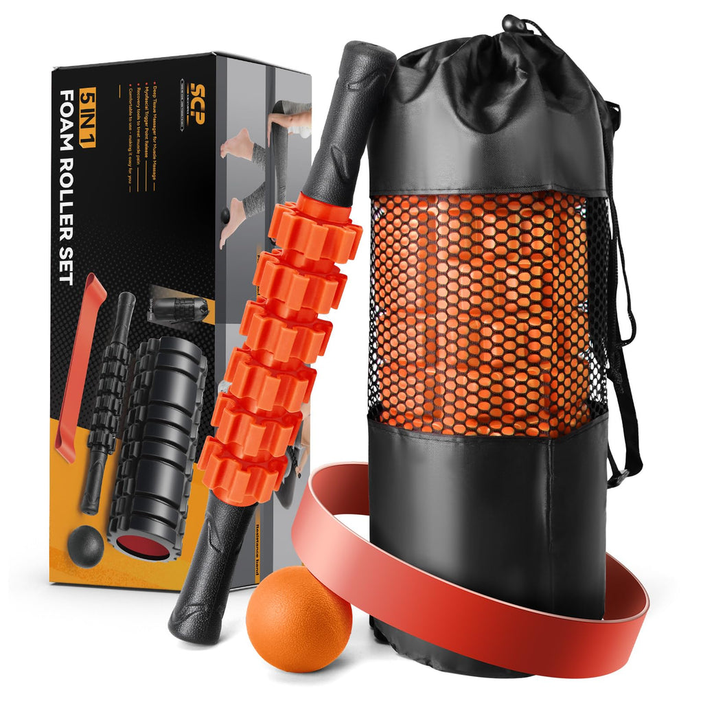5 in1 Foam Roller Set, Trigger Point Foam Roller, Massage Roller Stick, Massage Ball, Resistance Band for Deep Muscle Massage Pilates Yoga,Fitness Exercise for Whole Body (Black-Red)