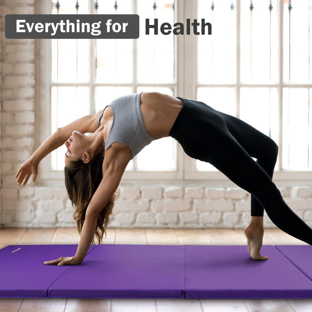 Fitvids Folding Exercise Gymnastics Mat, 4'x8'x2" Gym Workout Mat with Carrying Handles 4-Fold High-Density Anti-Tear Portable Fitness Aerobics Mat for Home Gym Yoga Pilates Tumbling MMA Core Training
