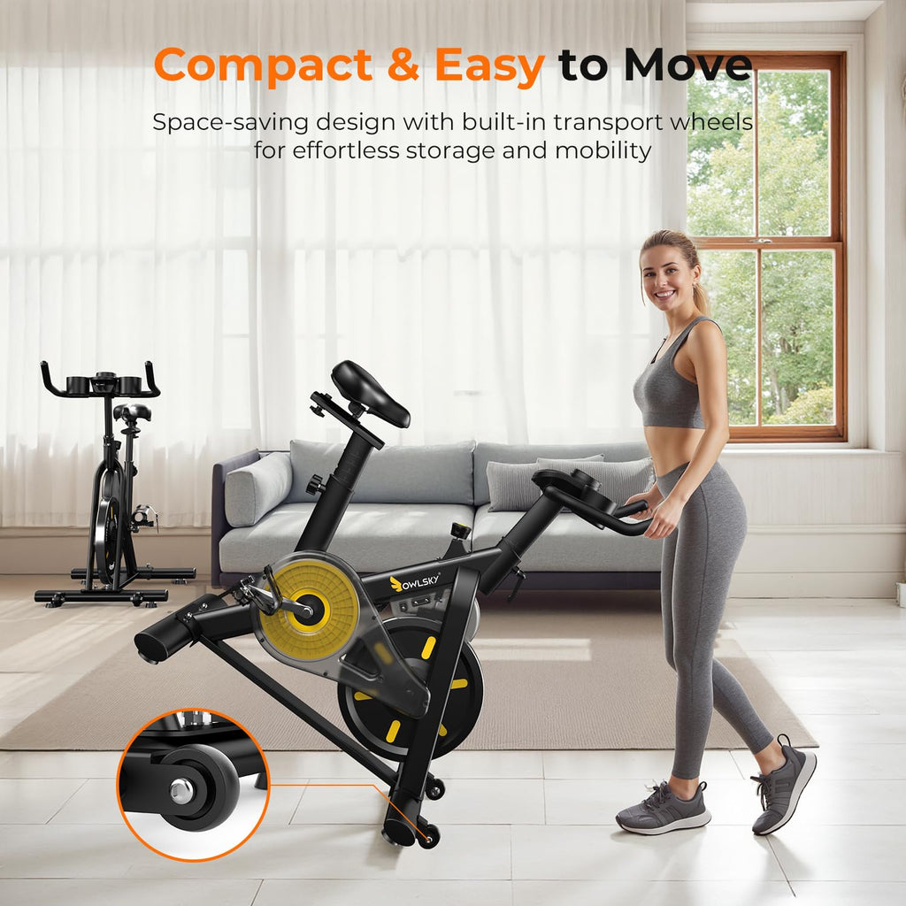 OWLSKY Exercise Bike with APP, Magnetic Resistance Indoor Cycling Bike, 300 lbs Capacity Quiet Stationary Bike for Home Gym Cardio Workout, Adjustable Seat & Tablet Holder