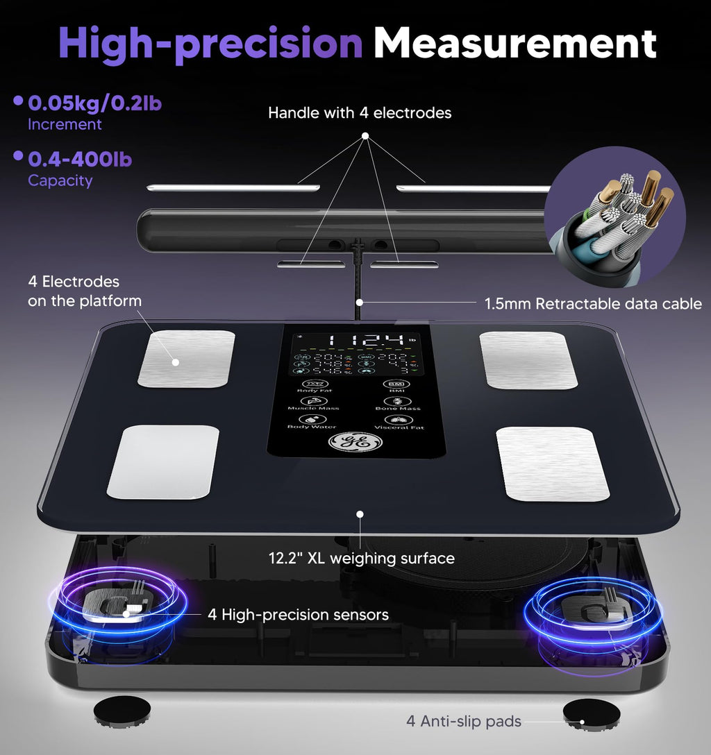 GE Smart Scale for Body Weight: 8-Electrode Digital Bathroom Scale for Weight Fat BMI Muscle Mass Full Body Composition Analyzer 27 Measurements Bluetooth Highly Accurate Weighing Machine, 400 lbs