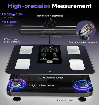 GE Smart Scale for Body Weight: 8-Electrode Digital Bathroom Scale for Weight Fat BMI Muscle Mass Full Body Composition Analyzer 27 Measurements Bluetooth Highly Accurate Weighing Machine, 400 lbs