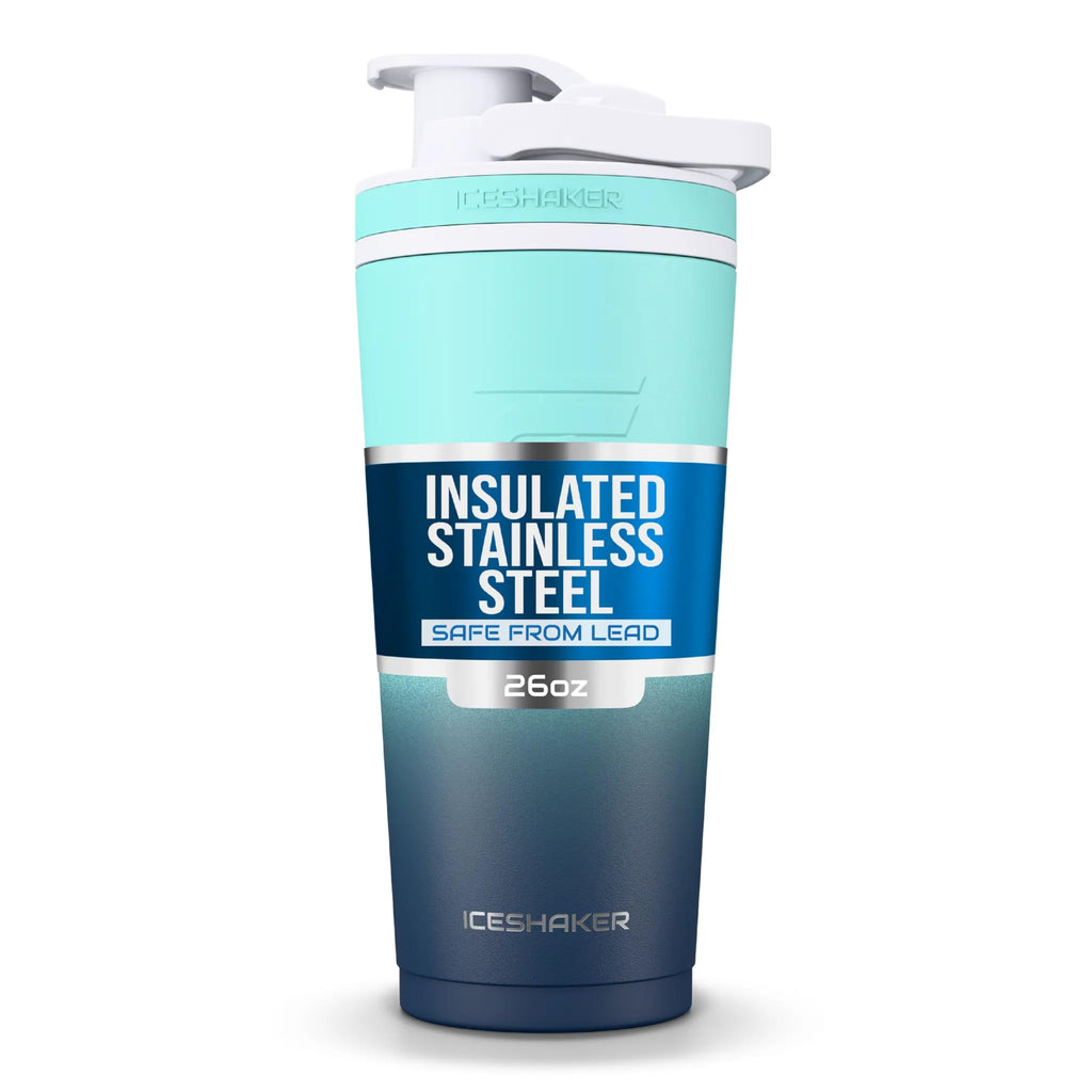 Ice Shaker Insulated Stainless Steel Shaker Bottle | 26oz, Navy/Mint | Cold for 30+ Hours | Insulated Cup with Twist-on Agitator | Odor-Free Bottle for Protein Shakes, Water, Smoothies, Cocktails
