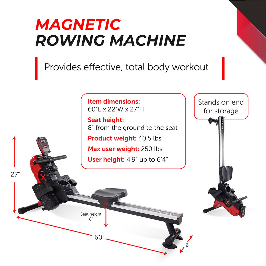 Stamina Magnetic Rower - Rower Machine with Smart Workout App - Rowing Machine with Magnetic Resistance for Home Gym Fitness - Up to 250 lbs Weight Capacity